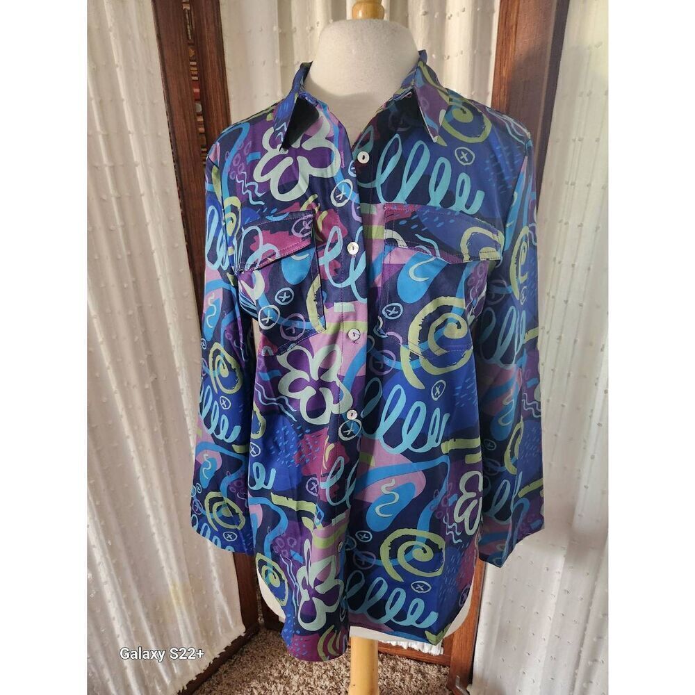 U20 Sheilay Colorful Purple Blue Green Pattern button-up blouse NWT